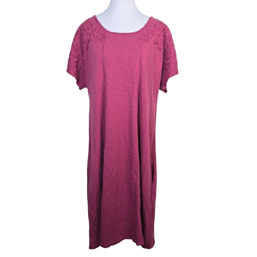 Soft Surroundings Pink Berry Cotton Embroidered Midi Dress Pockets Womens Medium